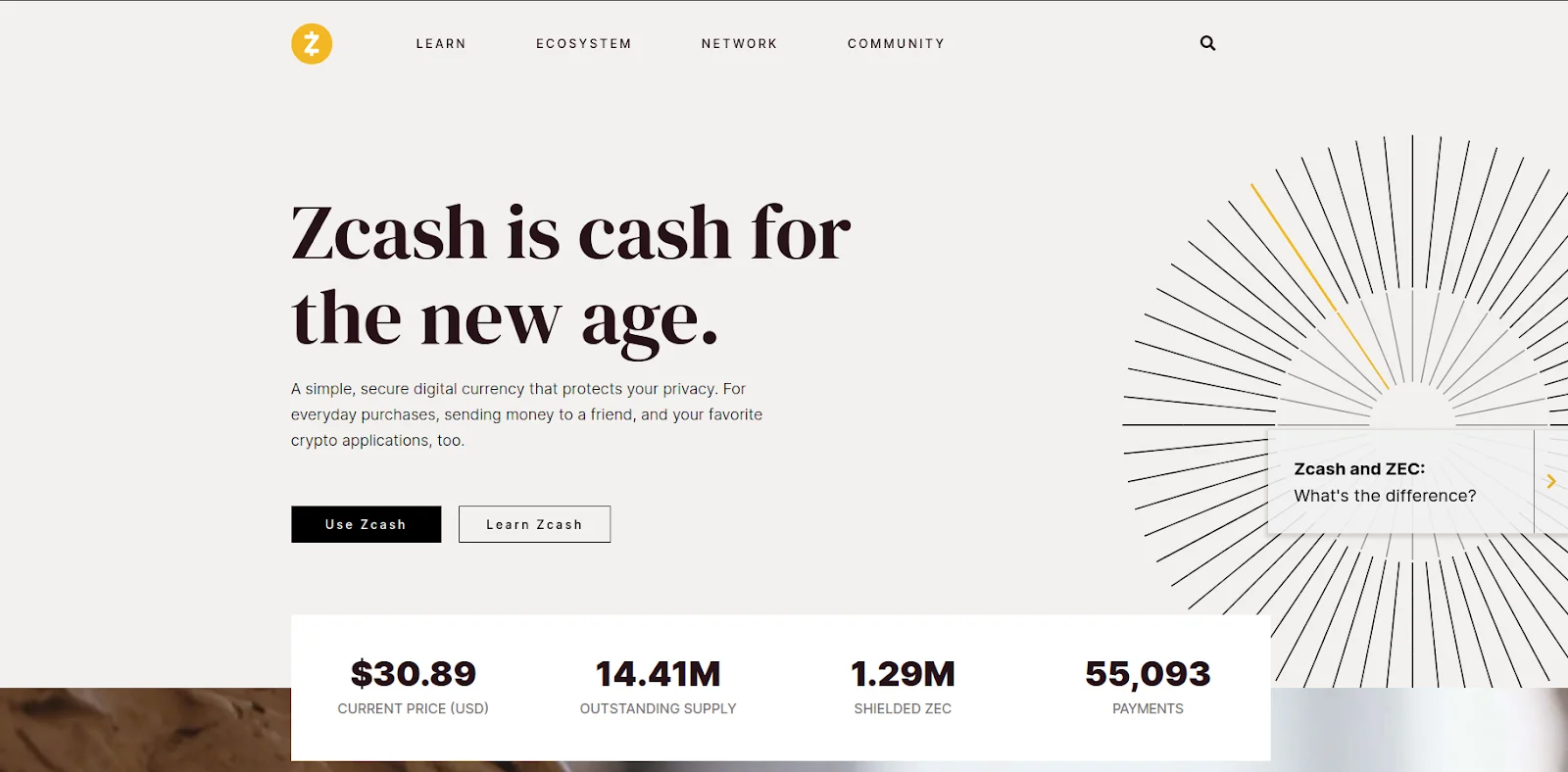 A screenshot of the landing page of Zcash