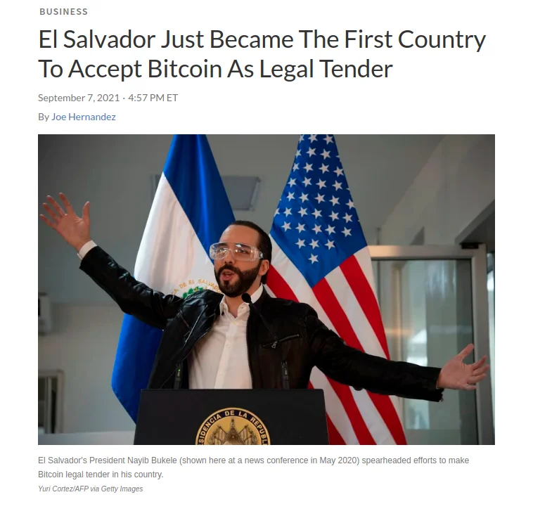A news report breaking the news of El Salvador making Bitcoin its legal tender