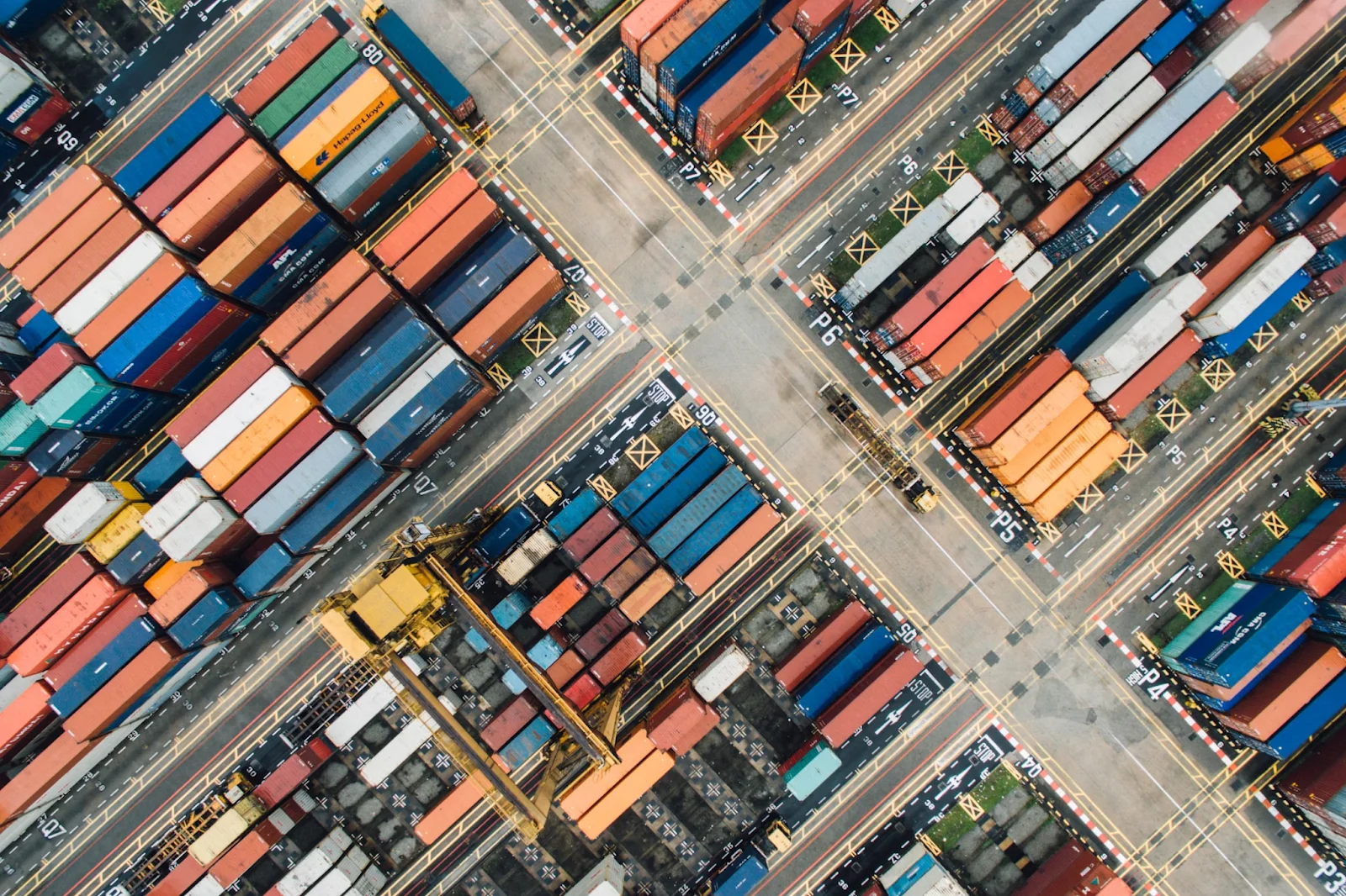 Eagle-eye view of containers in a shipping yard; supply chain management