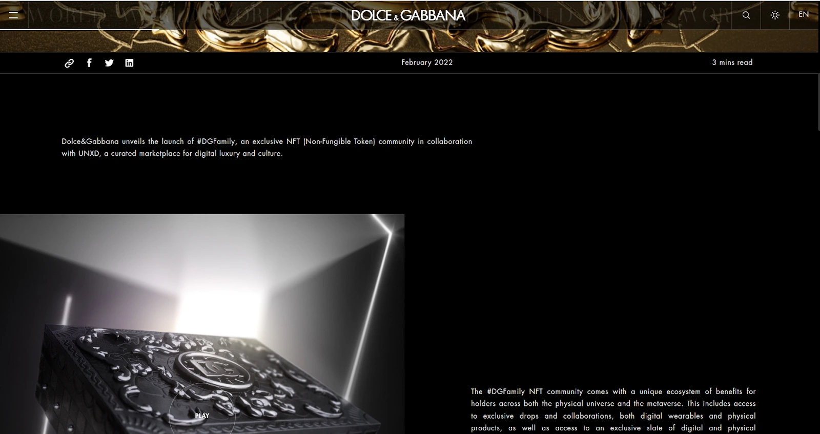 Dolce & Gabbana announcing #DGFamily NFT community