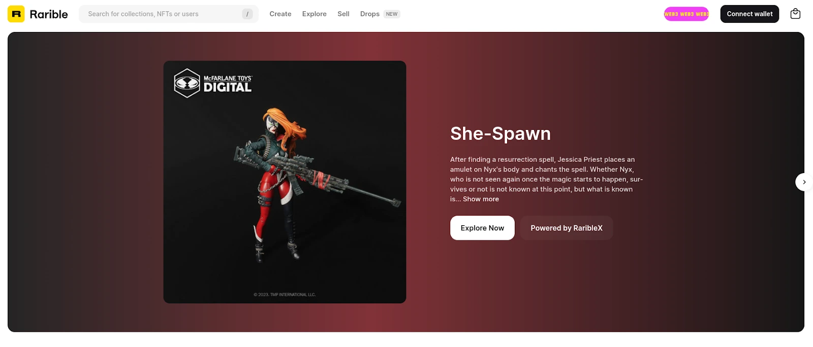 Rarible Landing Page showing “She-Spawn” NFT