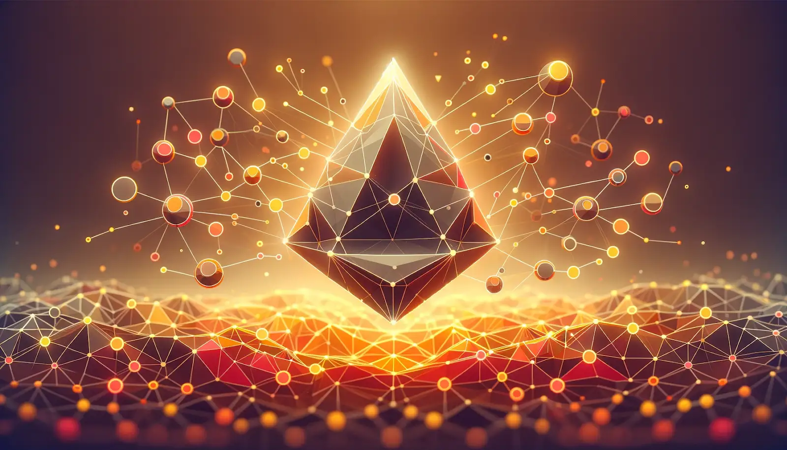 Low poly image of large Ethereum symbol glowing with warm colors along with different nodes connected to it.