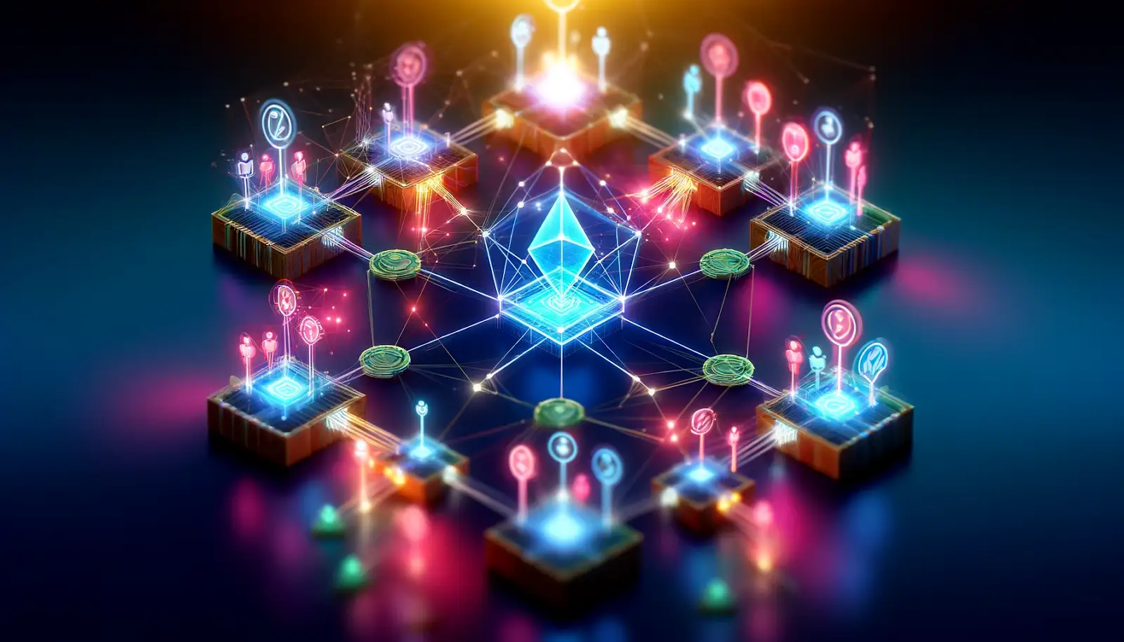 Decentralized blockchain network illuminated with colorful nodes and connections.