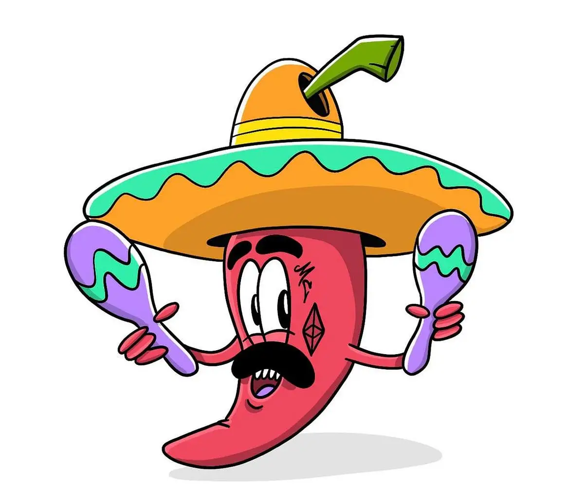 Metacartel’s cartoon chili pepper wearing a sombrero and holding maracas.